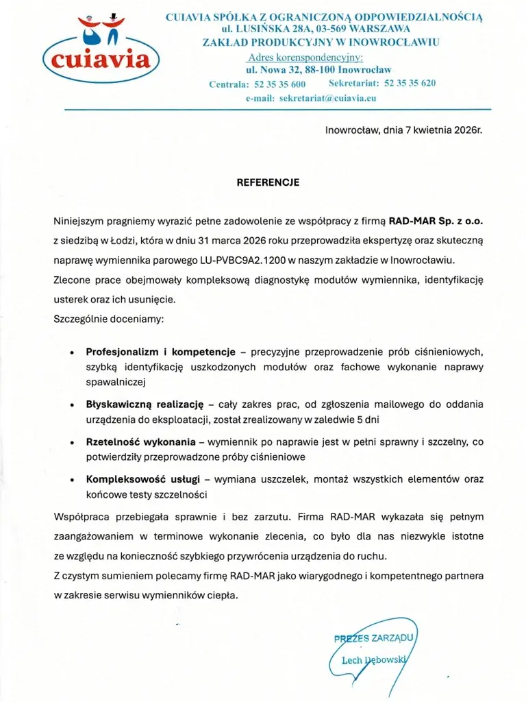 List referencyjny od firmy Cuiavia Sp. z o.o. List referencyjny od firmy Cuiavia Sp. z o.o.